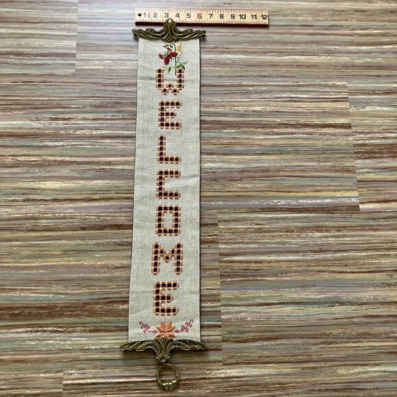 Hardanger WELCOME Bell Pull Hand Embroidered Butterfly Brass Hanger 31" - Picture 2 of 5